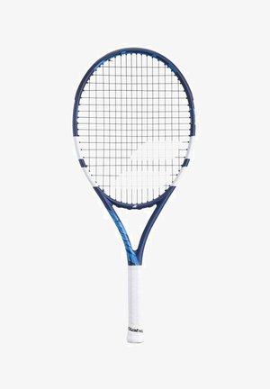 Tennisschläger mit einem blau-weißen Rahmen, einem ovalen Schlägerkopf, einem strukturierten weißen Griff und einem Gitter-Saitenmuster über dem Kopf.