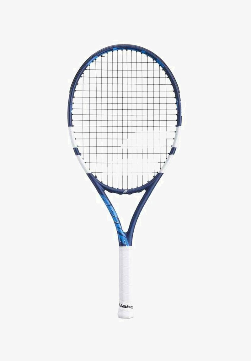 Tennisschaaf met een blauw en wit frame, een ovale kop, een gestructureerde witte grip en een raster stringpatroon over de kop.