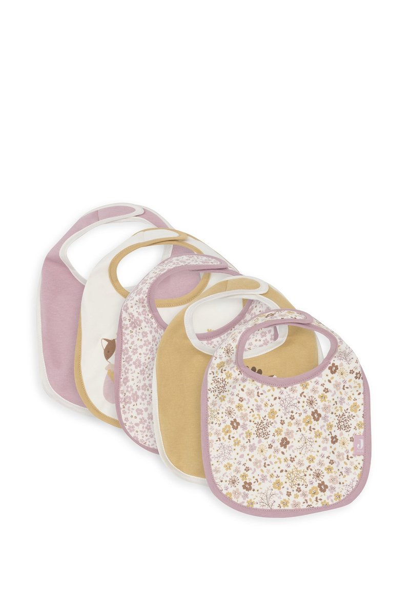 Vijf baby slabbetjes van zachte katoen, met pastelkleuren (roze, geel), bloemenpatronen en gebogen halsopeningen voor gemakkelijk aan- en uittrekken.