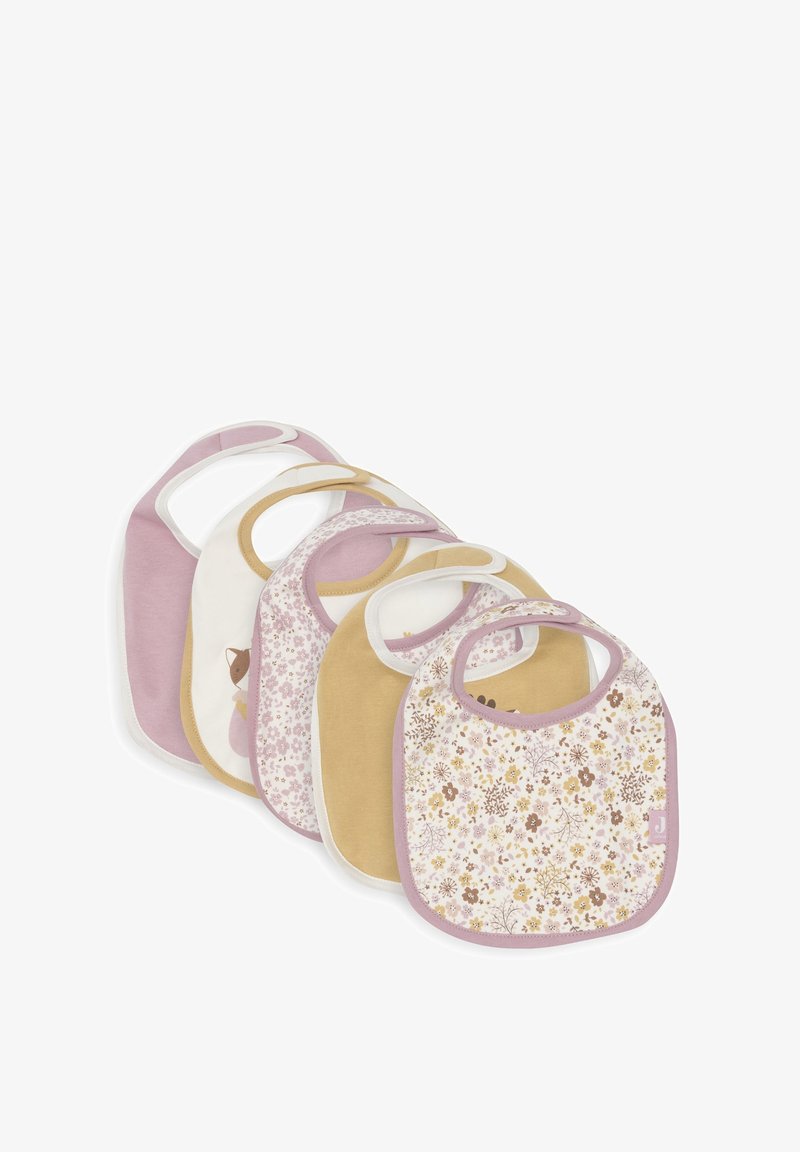 Vijf baby slabbetjes van zachte katoen, met pastelkleuren (roze, geel), bloemenpatronen en gebogen halsopeningen voor gemakkelijk aan- en uittrekken.
