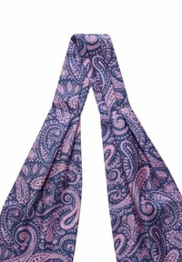 Silkkimekko tummansininen, jossa on vaaleanpunainen paisley-kuvio. Sujuva pinta, ja päädyt on leikattu vinosti. Kevyt ja joustava materiaali.