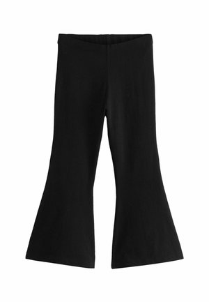 Pantalon noir en tissu extensible avec une taille haute et des jambes évasées qui s’ouvrent largement en bas.