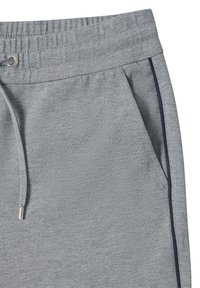 Grijze sportshorts met een trekkoord in de taille, zijzakken en donkerblauwe zijstrepen. Het materiaal heeft een gemêleerd textuur.