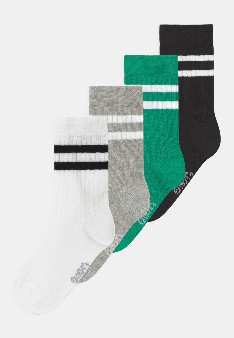 Fire par af crew socks: hvide med sorte striber, grå med hvide striber, grøn med hvide striber og sorte. Ribbet struktur.