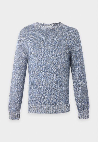 Pull tricoté chiné bleu et blanc à col rond, manches longues, poignets et ourlet côtelés.