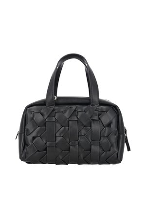 Zwarte leren handtas met brede gevlochten riemen aan de voorkant, dubbele hengsels en een ritssluiting aan de bovenkant.