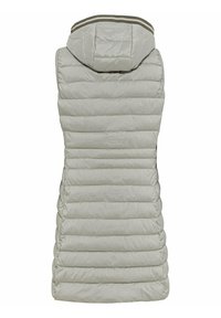 Lichtgrijze gewatteerde bodywarmer met capuchon, met horizontale doorgestikte kiezen, contrasterende randafwerking en een gladde, glanzende textuur.