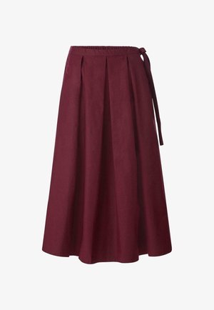Burgundy midi skirt with an elastic waistband, pleated design, and a tied accent. Made from a smooth fabric with a simple, clean silhouette.