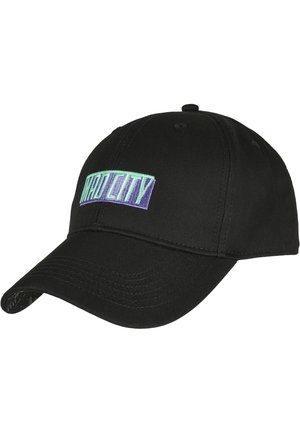 Sorth baseballcap lavet af stof med en buet skygge. Har et broderet "MAD CITY" logo i grøn og lilla på frontpanelet.