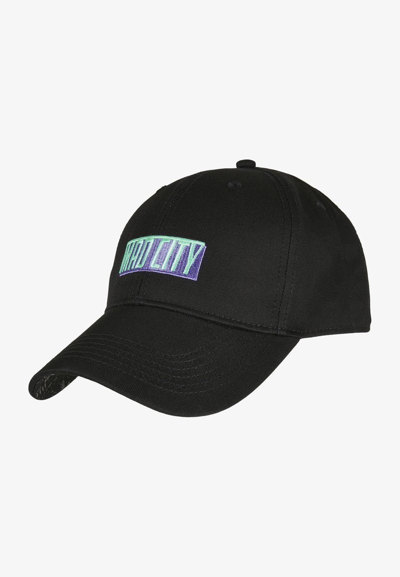 Black baseball cap made of fabric with a curved brim. Features an embroidered "MAD CITY" logo in green and purple on the front panel.