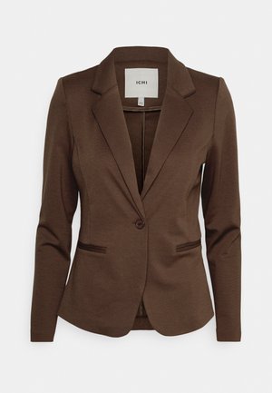 Hnědý blazer vyrobený z hladké tkaniny. Má klopový límec, zapínání na jeden knoflík a dvě boční kapsy s úzkým střihem.