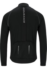 Veste de cyclisme noire à manches longues avec texte réfléchissant "ENDURANCE" et deux bandes réfléchissantes sur la zone de la poche inférieure du dos.