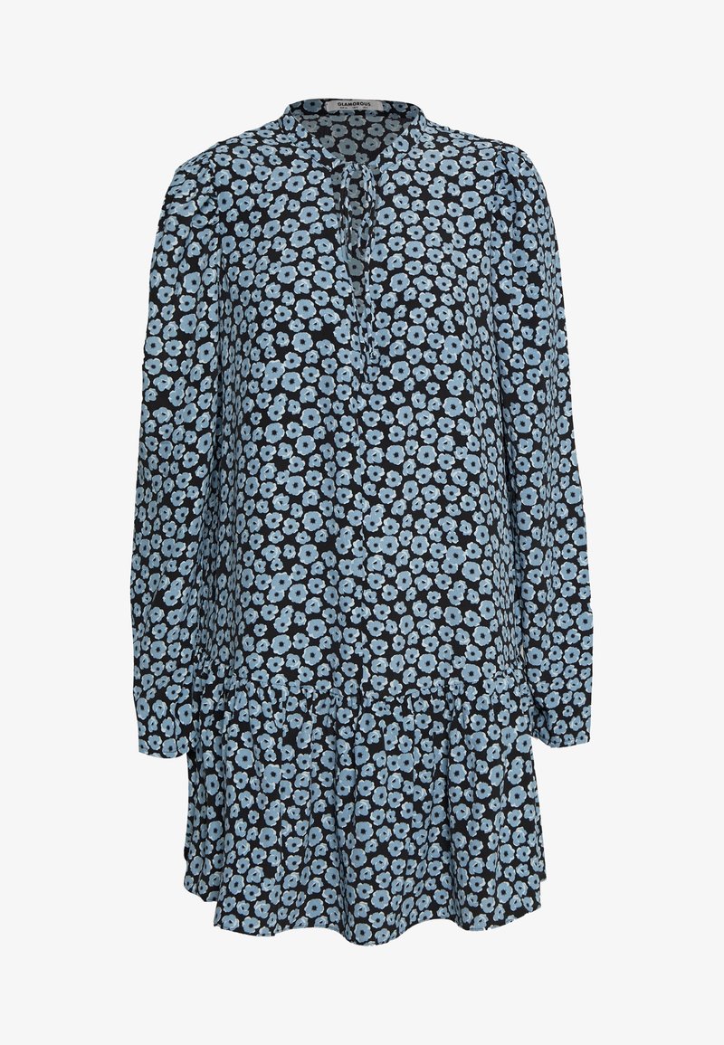 Robe noire à manches longues avec motif floral bleu clair, encolure ronde avec lien et ourlet froncé en bas.