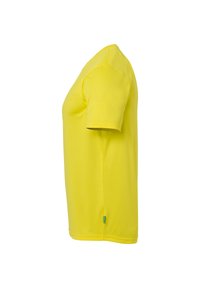 T-shirt jaune vif à manches courtes vu de côté sur fond blanc uni.