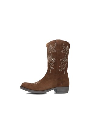 Bruine suède cowboylaarzen tot halverwege de kuit met witte bladerenpatroonstiksels en een lage blokhak, gezien vanuit de buitenkant.