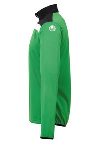 Giacca atletica verde a maniche lunghe con colletto nero e dettagli neri sulle spalle, striscia bianca sulla spalla e logo sulla manica superiore, vista laterale.