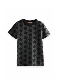 Schwarzes kurzärmeliges T-Shirt mit einem Sternenmuster in verschiedenen Grautönen. Crew-Halsausschnitt, weicher Stoff und lockere Passform.