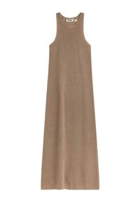 Vestido maxi sin mangas de punto acanalado en beige, con un cuello alto y un corte recto y relajado.