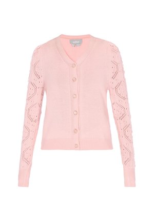 Pink knitted cardigan with a V-neck, button front, and decorative patterns on sleeves. Features ribbed cuffs and hem.