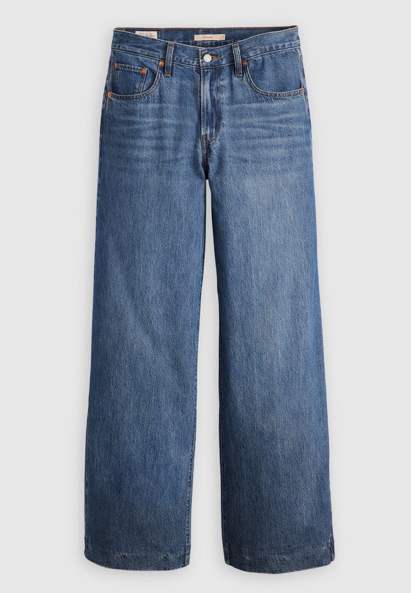 Spodnie dżinsowe w fasonie szerokich nóg, wykonane z denimu w średnim niebieskim odcieniu. Oferują klasyczny pięcio-kieszeniowy design, miedziane nity oraz zapięcie na guzik w talii.
