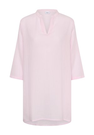 Lichtroze tuniek met lange mouwen, V-hals, losse pasvorm en licht afgeronde zoom.