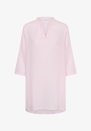 Túnica de manga larga de color rosa claro con escote en V, ajuste holgado y dobladillo ligeramente redondeado.
