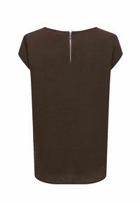 Haut marron foncé à manches courtes avec un col rond et une fermeture éclair visible dans le dos, présenté sur un fond blanc.