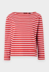 Rød- og hvitstripet langermet skjorte med bateau-hals. Laget av bomull, med avslappet passform og nedfellte kanter. Enkelt design med jevne striper.