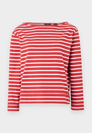 Červeno-bílý pruhovaný dlouhý rukáv s lodním výstřihem. Bavlněný materiál, uvolněný střih a zakončený lem. Jednoduchý design s rovnoměrnými pruhy.