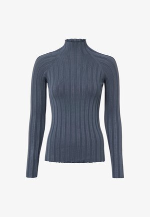 Gerippter Rollkragenpullover in Dunkelblau mit langen Ärmeln und figurbetonter Silhouette, strukturierter Oberfläche und gewelltem Saum am Kragen.