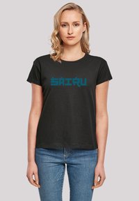 Black cotton t-shirt featuring a blue graphic text "SAIRU" in a modern pixelated font. Classic fit with short sleeves and a round neckline.