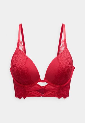 Roter BH mit weicher Spitze und Stoff, tief ausgeschnittenes Design, verstellbare Träger und dekorativer Ausschnitt vorne. Strukturiertes Spitzen-Detail.