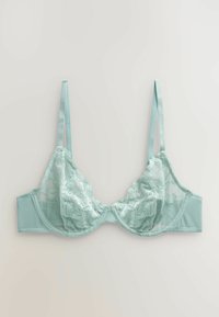 Lichtgroene beha met kantencups met bloemenpatronen, meshpanelen en verstelbare banden. Glad bandje biedt comfort en ondersteuning.
