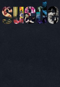 Grafisk text "suede" bestående av olika färgglada bilder med abstrakta mönster och mänskliga figurer, mot en mörk bakgrund.