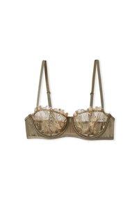 Koronkowy biustonosz w oliwkowym kolorze z przezroczystymi miseczkami koronkowymi, zdobionymi haftem kwiatowym. Regulowane ramiączka i wsparcie w postaci fiszbin. Gładka tkanina u podstawy.