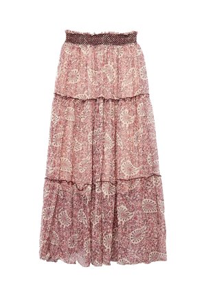 Falda larga con capas escalonadas, cinturilla elástica y motivo floral de cachemira rosa en tela ligera.