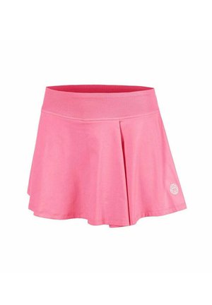 Jupe de sport rose avec large ceinture élastique et pli devant, comportant un petit logo blanc près de l'ourlet sur le côté droit.