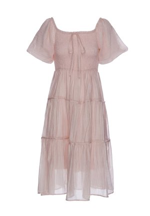Hellrosa Midi-Kleid mit aufgepufften kurzen Ärmeln, gerafftem Oberteil, quadratischem Ausschnitt, Bindedetail und mehrlagigem transparentem Rock.