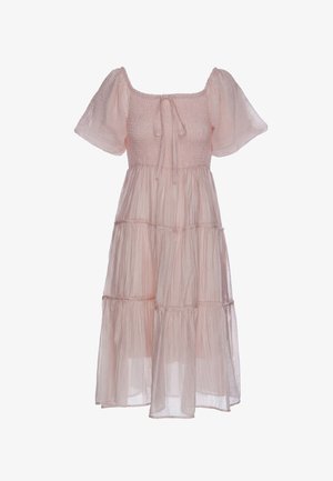 Hellrosa Midi-Kleid mit aufgepufften kurzen Ärmeln, gerafftem Oberteil, quadratischem Ausschnitt, Bindedetail und mehrlagigem transparentem Rock.