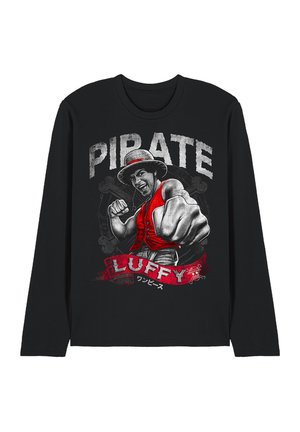 Black long-sleeve shirt with graphic of a punching character in a red vest and hat, text "PIRATE LUFFY," and skull and crossbones.