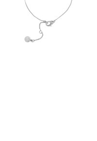 Delicate silver chain necklace with lobster clasp and small round tag engraved with "ALLSAINTS" on an extension chain.