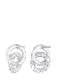 Sølv hoops øreringe med sammenflettede reb- og cirkeldesigns, poleret finish, stemplet "925" som angiver sterling sølv kvalitet.