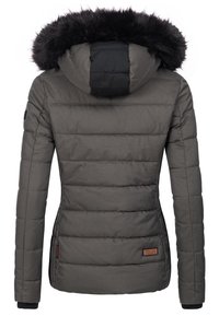 Gray padded jacket with a faux fur-lined hood, vertical stitching, elastic cuffs, and brown leather logo patch on the lower side.