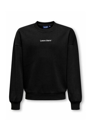 Sweat-shirt noir col rond avec manches longues et texte blanc "Leave blank" centré sur la poitrine. Poignets et ceinture côtelés.