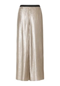 Spodnie z wysokim stanem, szerokimi nogawkami i metalicznym, plisowanym materiałem z czarnym elastycznym pasem, wyeksponowane na białym tle.