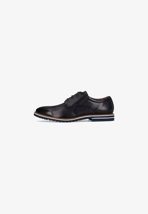 Chaussure habillée en cuir noir avec une finition lisse, bout arrondi, lacets à six œillets et une semelle contrastante bleu marine et blanche.