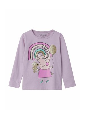 Majica z dolgimi rokavi v sivkastem odttonu z grafiko risane svinje, ki drži punčko in bleščečo balon pod mavrico.