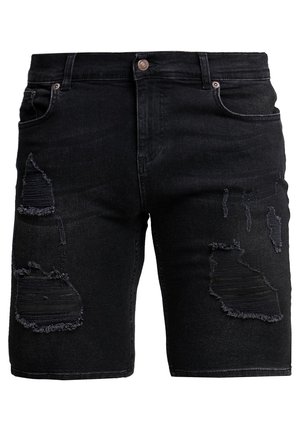 Shorts en denim noir avec des détails vieillissants, comprenant des déchirures et des bords effilochés. Design standard à cinq poches, agrémenté de pièces métalliques.