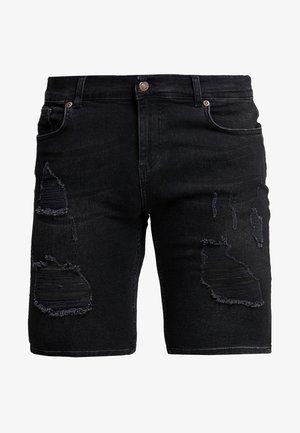 Shorts de mezclilla negra con detalles desgastados, que presentan roturas y bordes deshilachados. Diseño estándar de cinco bolsillos, terminado con herrajes de metal.