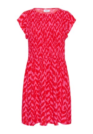 Red and pink patterned dress with short flutter sleeves, smocked waist, and a flared skirt, made from lightweight fabric.